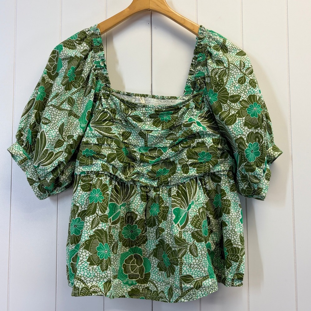 Anthropologie Nikasha Boho Floral Poplin Puff Top Women Small Cottage Romantic